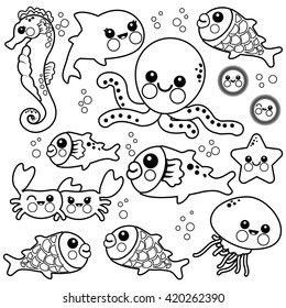 Sea animals. Vector black and white coloring page.