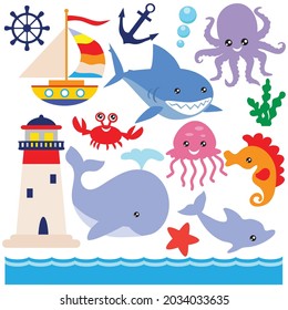 Sea animals vector cartoon illustration