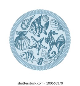 Sea animals vector circle, pencil drawings