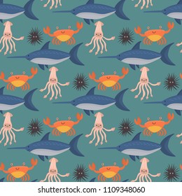 Sea animals vector creatures characters cartoon ocean wildlife marine underwater aquarium life water graphic aquatic tropical beasts seamless pattern background illustration.