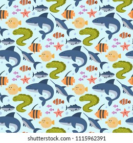 Sea animals vector creatures characters cartoon ocean wildlife marine underwater aquarium life water graphic aquatic tropical beasts seamless pattern background illustration.