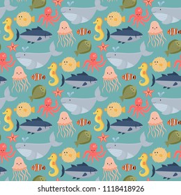 Sea animals vector creatures characters cartoon ocean wildlife marine underwater aquarium life water graphic aquatic tropical beasts seamless pattern background illustration.