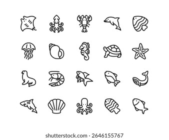 Conjunto de Ícones Vetoriais de Animais do Mar | Espessura ajustável da linha | Peixe, golfinho, baleia, tubarão, lula, polvo, tartaruga, água-viva, cavalo-marinho, concha, marinho, aquático, ícones subaquáticos