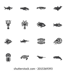 Sea animals vector icons set, modern solid symbol collection, Marine life filled style pictogram pack. Signs, logo illustration. Set includes icons as shark fish, whale, dolphin, sea turtle, jellyfish