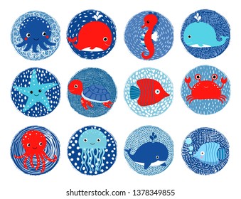 Sea animals vector icons in textured circles in blue and red colors for summer designs 