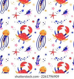 Sea animals vector illustration. Seamless pattern on a white background. It can be used for surface texture, wallpaper, pattern fill.