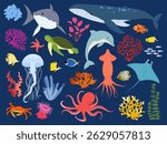 Sea animals vector illustration set. Marine animals with elements of underwater life. Tropical fish and coral. Cute sea or oceanic inhabitants.