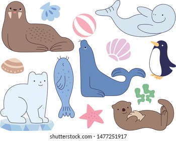 Sea animals vector illustration set