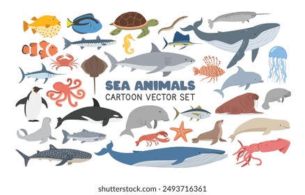 Sea animals vector illustration set. Marine life cartoon clipart in flat style. Sharks, Whales, Dolphin, Fish, Penguin, Seal, Sea Lion, Octopus, Jellyfish, Turtle, Crab, Lobster, Stingray flat vector