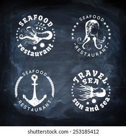 Sea animals vector illustration. Set of marine logotypes. Vector background. Chalk  texture. Lettering. Jellyfish, octopus, anchor.