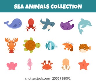 Sea animals vector illustration set