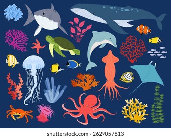 Sea animals vector illustration set. Marine animals with elements of underwater life. Tropical fish and coral. Cute sea or oceanic inhabitants.
