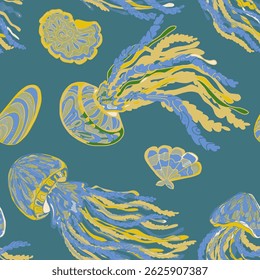 Sea animals vector seamless pattern. Bright graceful colorful textured jellyfish