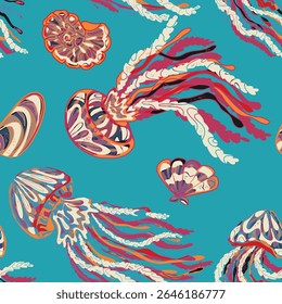 Sea animals vector seamless pattern. Bright graceful colorful textured jellyfish