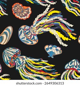 Sea animals vector seamless pattern. Bright graceful colorful textured jellyfish