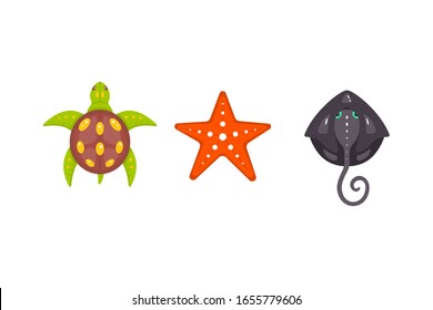 Sea animals vector set in cartoon hand drawn style. Marine life and underwater creatures contains turtle, seastar, stingray.