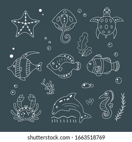 Sea animals vector set in cartoon line hand drawn style. Marine life and underwater creatures contains turtle, seastar, stingray, fishes, crab, dolphin, seahorse.