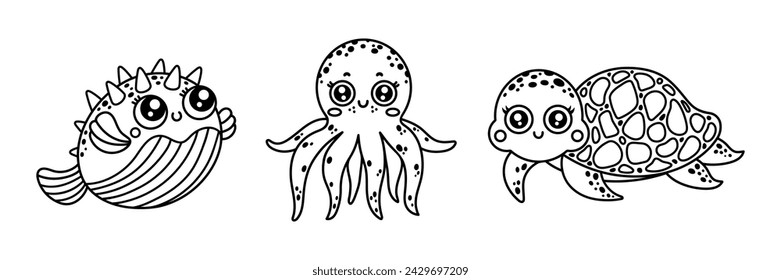 Sea animals vector set. A cute turtle with a shell, a friendly octopus with tentacles, a funny puffer fish with spikes. Coloring book for kids, outline. Underwater pets, swimming cartoon characters