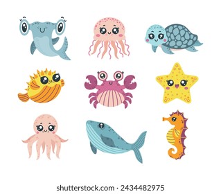 Conjunto de vector de animales marinos. Cangrejo amigable, tiburón bebé, tortuga linda, estrella de mar sonriente, pez globo divertido y pulpo. Ballena enorme, medusa feliz y caballo de mar. Criaturas del océano, animales de acuario de dibujos animados