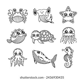 Sea animals vector set. Friendly crab, baby shark, cute turtle, starfish, whale, funny puffer fish, octopus. Happy jellyfish, seahorse. Doodle ocean creatures, black and white coloring book for kids