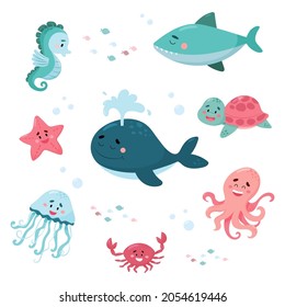 Sea animals vector set. Idea for postcards, invitation, poster for kids, baby wear. 