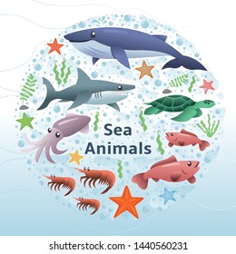 Sea animals vector set. Vector illustration with coral reef, Underwater marine life. Panoramic underwater seascape. Collection of cute animals in cartoon style
