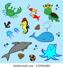 Sea animals vector set. Sea life cartoon set.