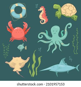 Sea animals vector set . Marine animal, aquatic plants. Underwater creature set vector isolated. Set of funny ocean animals isolated on a white background. Sea creatures. Funny cartoon character.