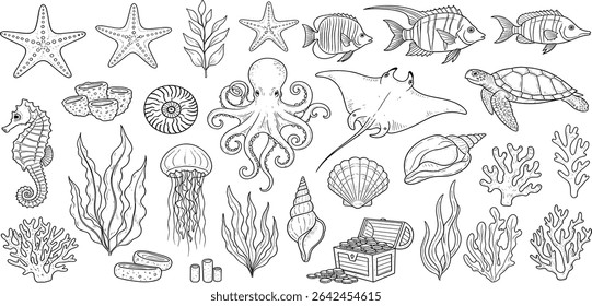 O vetor Sea Animals é definido com algas marinhas, corais e conchas. Desenho da vida subaquática com cavalo-marinho e tartaruga em estilo de arte de linha. Gravura de polvo e águas-vivas. Gravura gráfica da manta ray.