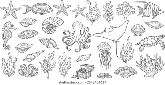 Sea Animals vector set with seaweeds, corals and seashells. Drawing of underwater life with seahorse and turtle in line art style. Engraving of octopus and jelly fish. Graphic etching of manta ray.