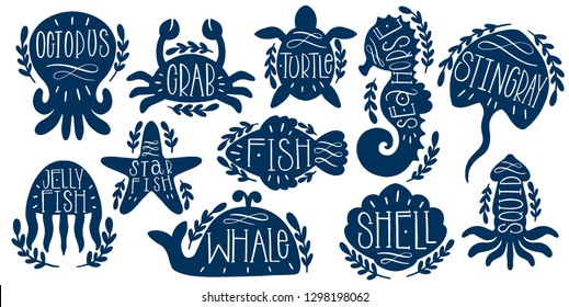 Sea animals vector set text lettering. Ocean shape fish,octopus,crab,turtle,starfish,seahorse,jellfishstingrayshellwhale Vector illustration