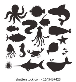 Sea animals vector silhouette creatures characters cartoon ocean wildlife marine underwater aquarium life water graphic aquatic tropical beasts illustration.