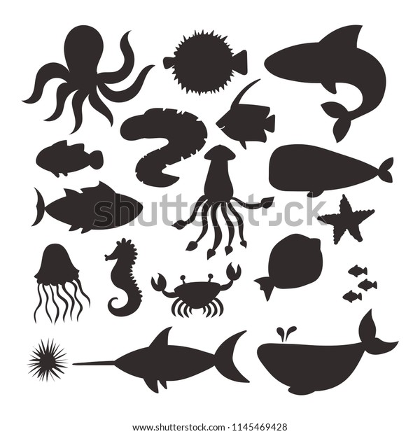Sea Animals Vector Silhouette Creatures Characters Stock Vector ...