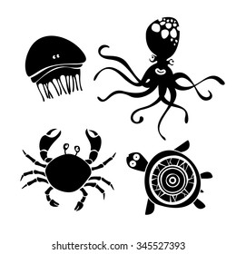 Sea animals. Vector silhouettes. Icons set.