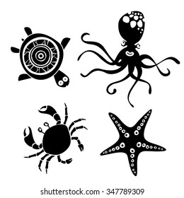 Sea animals. Vector silhouettes. Icons set.