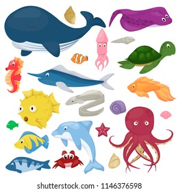 Sea animals vector water plants ocean fish cartoon illustration undersea water marine aquatic character life. Underwater wildlife tropical whale turtle dolphin, jellyfish, starfish.
