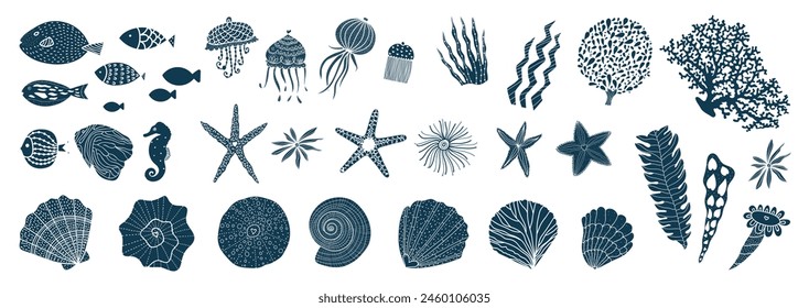 Animales marinos y plantas acuáticas. Ilustración vectorial sobre un fondo transparente. Conjunto de varias criaturas marinas (conchas, estrellas de mar, medusas, corales, algas marinas y peces tropicales)