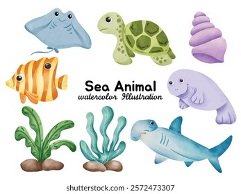 Sea Animals Watercolor Illustration Set – Featuring Sharks, Turtles, Fish, Shells, and Marine Life for Underwater-Themed Designs