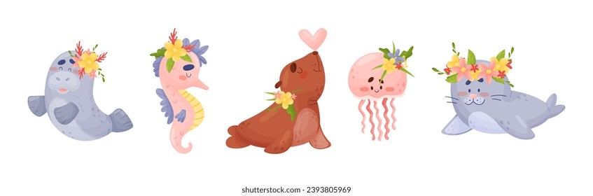 Sea Animals Wearing Flower Wreath on Its Head Vector Set