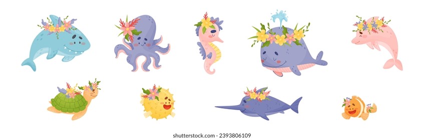 Sea Animals Wearing Flower Wreath on Its Head Vector Set