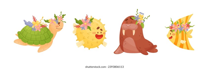 Sea Animals Wearing Flower Wreath on Its Head Vector Set