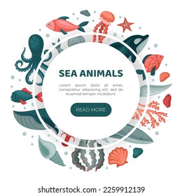 Sea animals web banner template. Underwater wild life, marine world landing page, website cartoon vector