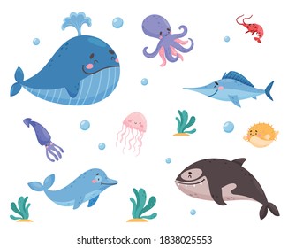 Sea Animals with Whale and Octopus Floating Underwater Vector Set