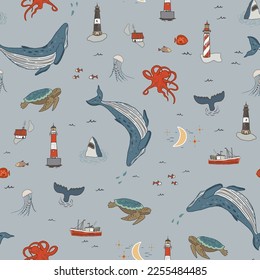 Sea animals: whale, octopus, turtle vector seamless pattern.