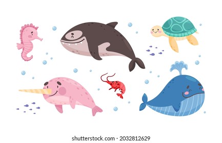 Sea Animals with Whale and Turtle Floating Underwater Vector Set