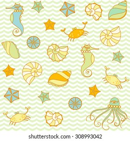 Sea animals wildlife background. Vector seamless pattern.