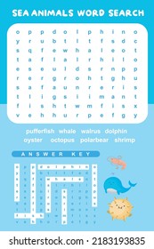 Sea Animals Word Search worksheet. Educational worksheet for preschool. Vector illustration file.