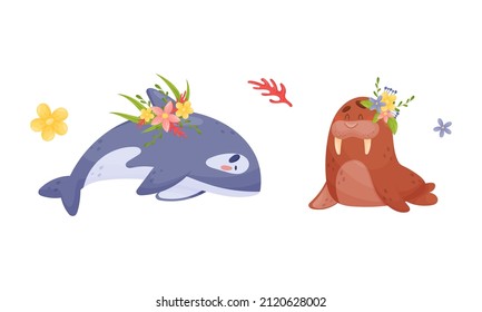 Animales marinos con flores colocadas. Criaturas marinas de ballenas asesinas y leones marinos con flores ilustraciones vectoriales