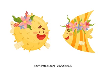 Sea animals in wreath of flowers set. Cute puffer fish and butterfly fish marine baby creatures with flowers vector illustration