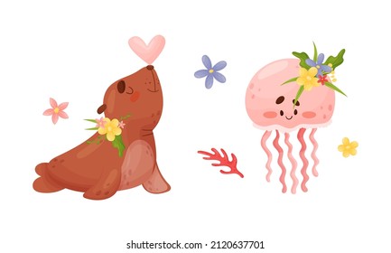 Sea animals in wreath of flowers set. Cute otter and jellyfish marine baby creatures with flowers vector illustration